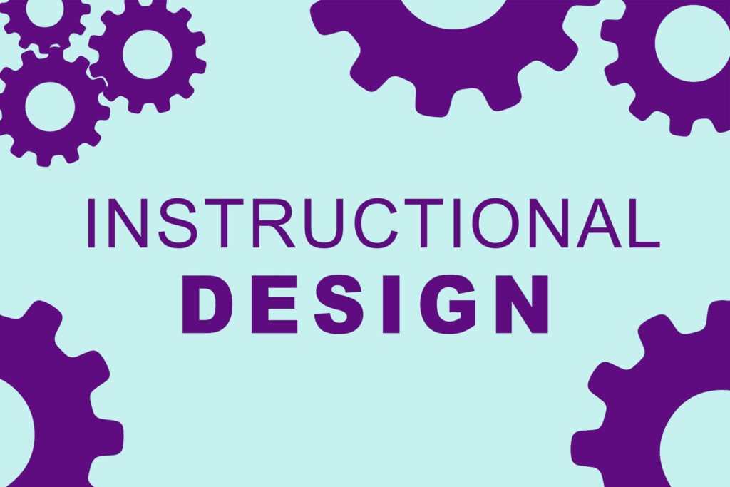 ‘Instructional Design’ spelled out on a blue background surrounded by gears.