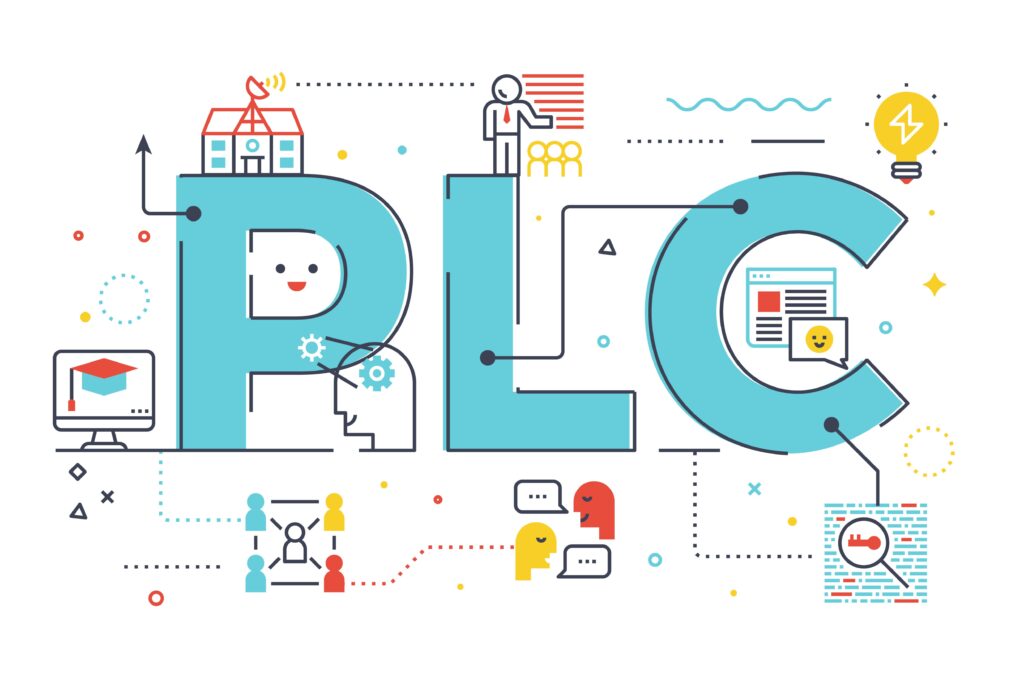 Illustration of the acronym, “PLC” with doodles of a school building, a teacher, graduation cap, etc.