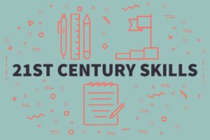 Illustration with a textbook, pencil, stair steps, and text that says “21st century skills.”