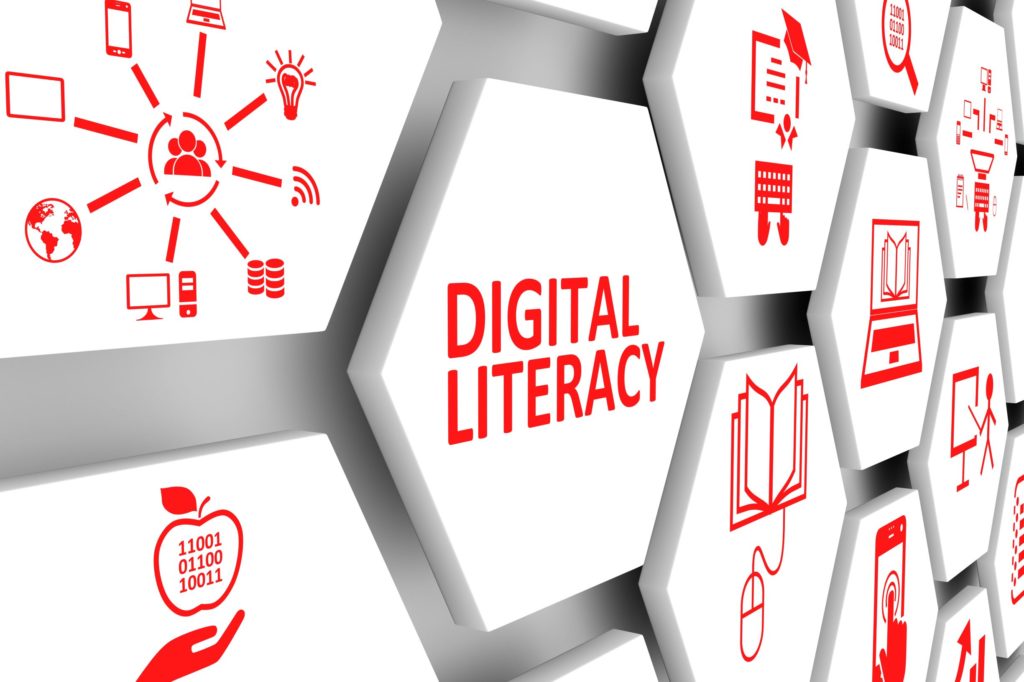 Group of hexagons with digital symbols and ‘Digital Literacy’ in the center.