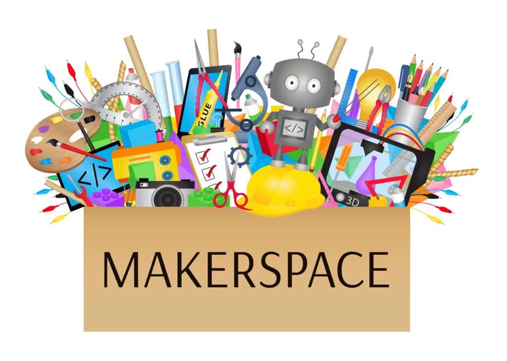 A box that reads “makerspace” and is full of robots, colored pencils, and other types of creative supplies.