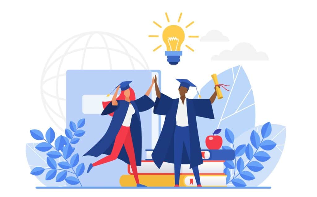 Vector image of two joyful graduates celebrating their graduation in caps and gowns.